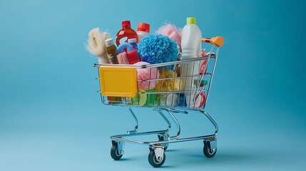 Shopping Cart Filled with Cleaning Supplies on Blue Background