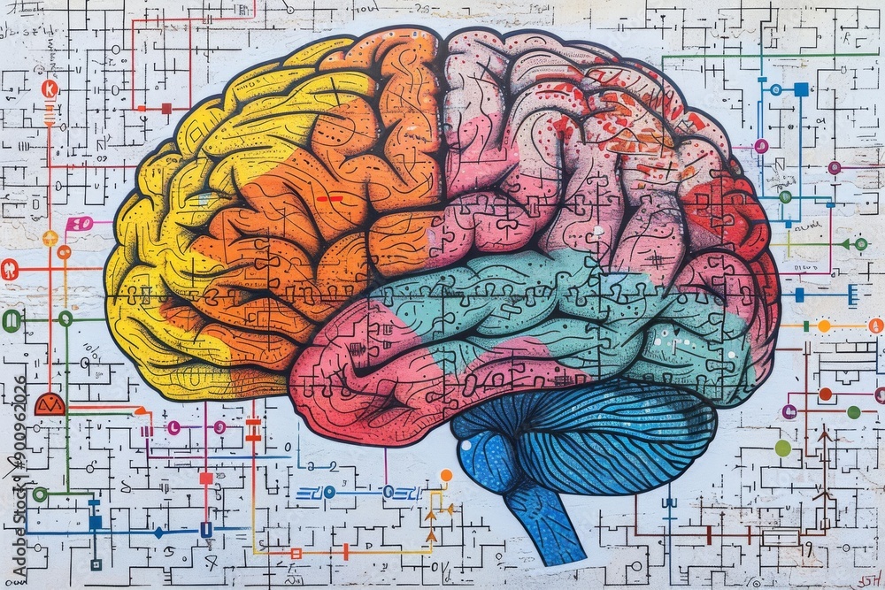 Poster colorful abstract illustration of a brain with neural connections symbolizing cognitive processes an