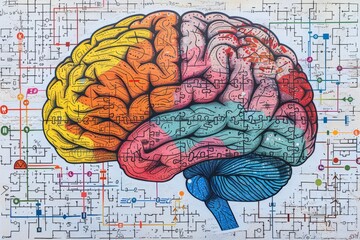 Colorful abstract illustration of a brain with neural connections symbolizing cognitive processes and creativity in a vibrant and dynamic style