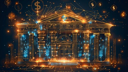 Obraz premium Digital Bank Building with Neon Lights and Dollar Signs