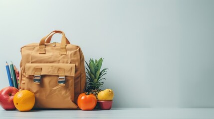 Colorful Backpack with Fresh Fruits and School Supplies on Light Background