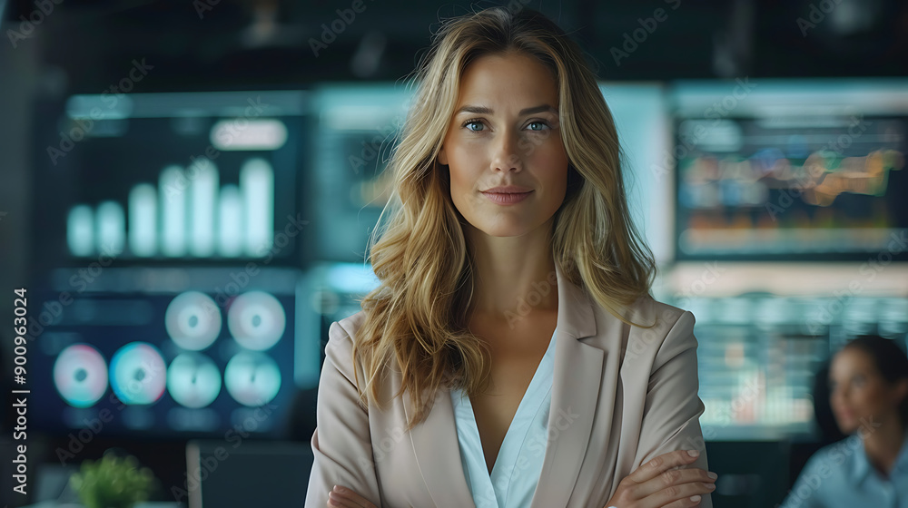 Aufkleber blonde business woman in an office with her arms crossed looking at the camera standing near a digit