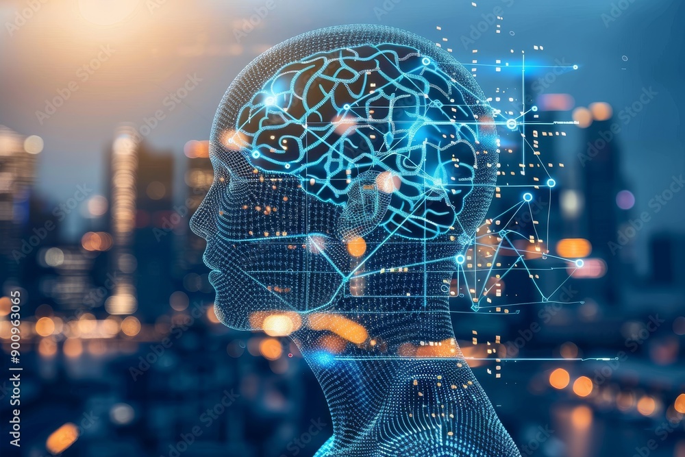 Poster futuristic digital rendering of a head with neural connections symbolizing cognitive processes and t