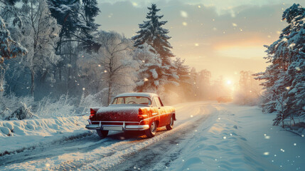 Vintage Car on Snowy Forest Road at Sunset During Winter Wonderland Snowfall