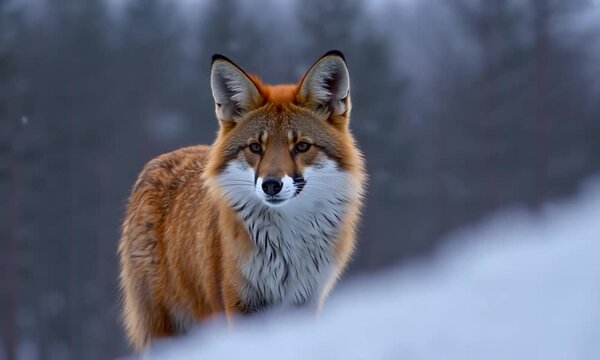 Closeup of a Red Fox standing on a snowy hill, muted colors, cinematic contour lighting, low contrast ProLog, award-winning composition, chromatic aberration