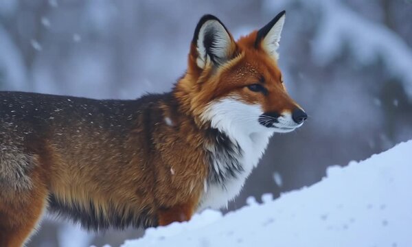 Closeup of a Red Fox standing on a snowy hill, muted colors, cinematic contour lighting, low contrast ProLog, award-winning composition, chromatic aberration