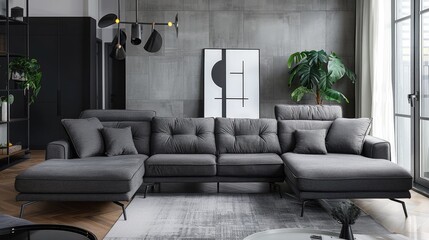 Modern Living Room with Grey Sectional Sofa, Minimalist Decor, Indoor Plant, and Contemporary Lighting