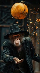 Monkey in Costume Throwing Pumpkin on Halloween