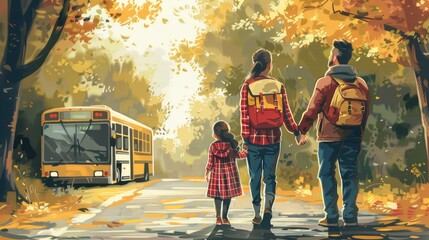 Family Walking to School Bus on a Fall Day in Vibrant Autumn Forest