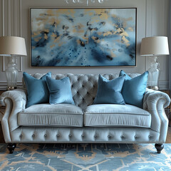Dolphin Grey Loveseat with Aquamarine Pillows in a Minimalist Setting