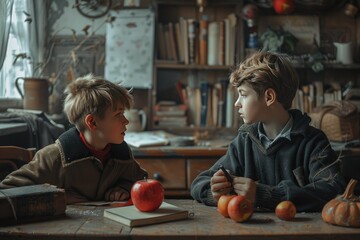 Fototapeta premium Vintage Styled Children Studying and Conversing in Cozy, Book-Filled Room