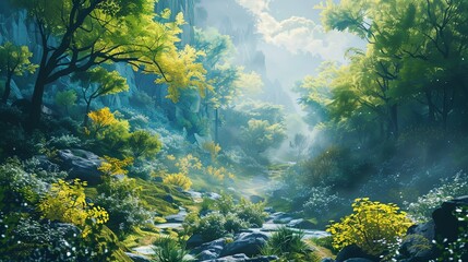 Obraz premium A lush green forest with a path running through it