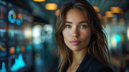 businesswoman stands confidently in a modern office with data visualizations and graphs displayed on screens in the background