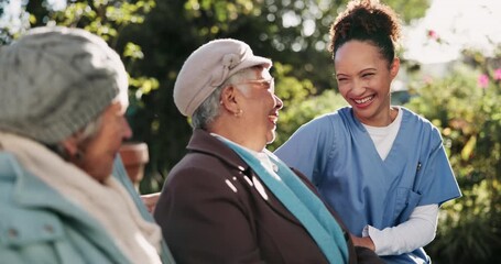 Relax, bench and senior women with nurse outdoor in retirement community with daily assistance and support. Elderly people, caregiver and laugh with conversation and wellness by residential care home