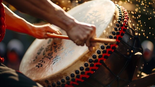 Closeup of a Drummer Playing a Large Taiko Drum