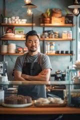 Fototapeta premium Portrait of an Asian FnB business owner behind the counter, Generative AI