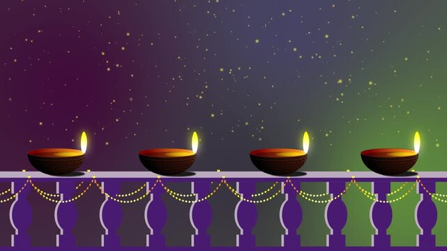 Diwali festival Celebration Background Decoration With Lit Oil Lamps (Diya), Lighting Garland.