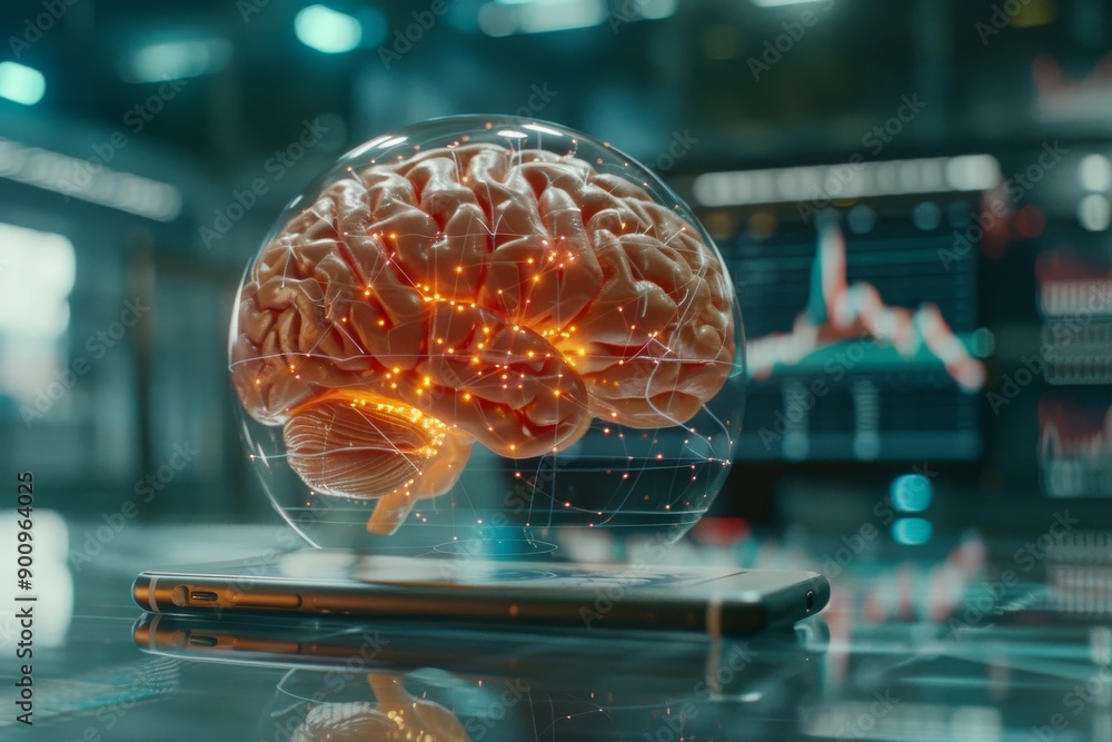 Poster futuristic digital rendering of a brain with neural connections symbolizing cognitive processes and 