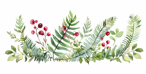 christmas tree branches, Watercolor Christmas Greenery and Red Berries Border Illustration on White Background