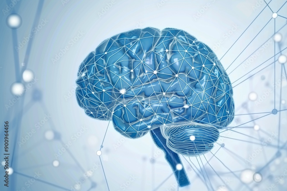 Poster digital rendering of a brain with neural connections symbolizing cognitive processes and technology 