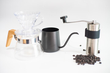Coffee drip equipment with coffee bean on white background