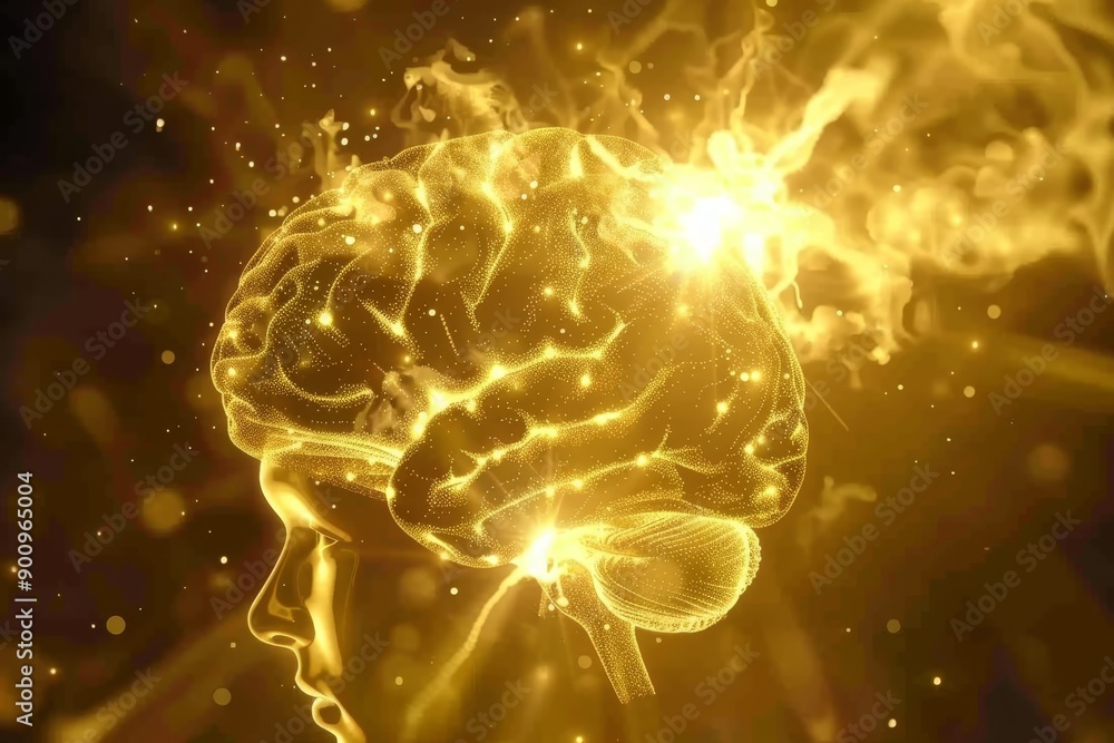 Poster golden digital rendering of a brain with glowing neural connections symbolizing cognitive processes 