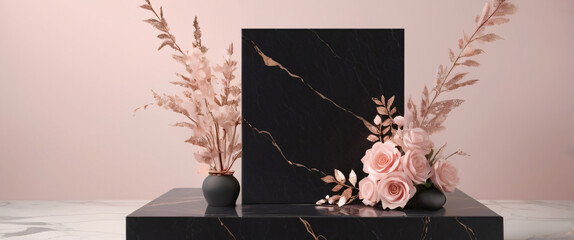 Modern Black Marble Podium, front view focus with Rose Gold Accents and Soft Pink Flowers Background, ultra-realistic, perfect for product showcase