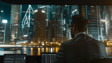 Fototapeta premium man business in a suit works at a desk with multiple screens overlooking a cityscape at night with illuminated skyscrapers