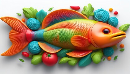 Fototapeta premium Vibrant, multicolored fish art surrounded by stylized vegetables and leaves on a white background. Perfect for culinary and artistic themes.