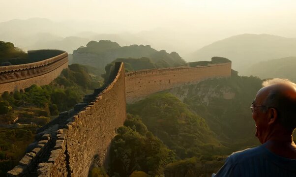 Group portrait video of a satisfied man in his 80s that is smiling with friends at the Great Wall of China in Beijing China