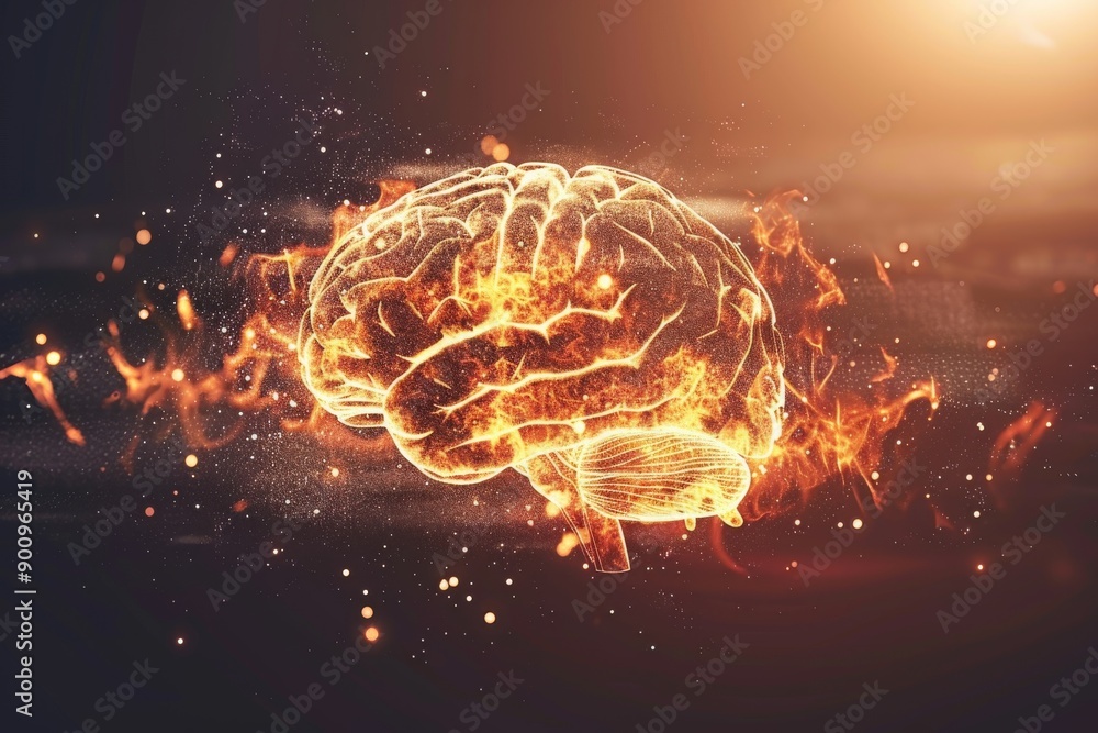 Poster digital rendering of a glowing brain with neural connections symbolizing cognitive processes and cre