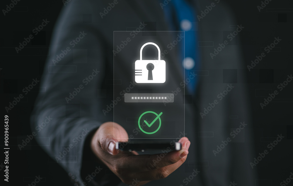Poster Cybersecurity concept. Man enter username and password for personal information access. Data login protect and secure internet access, screen padlock technology, cyber security, encryption privacy,