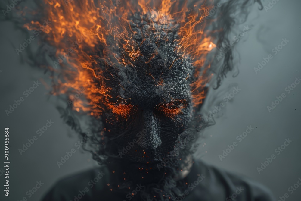 Poster surreal digital portrait of a man dissolving into particles symbolizing thought dispersion and memor
