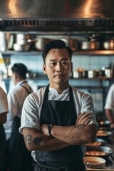 Obraz premium Portrait of an Asian FnB business owner with chefs, Generative AI