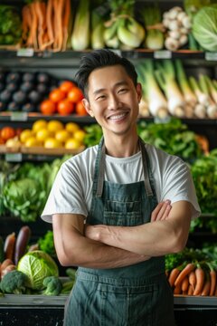 Portrait of an Asian FnB business owner with fresh produce, Generative AI