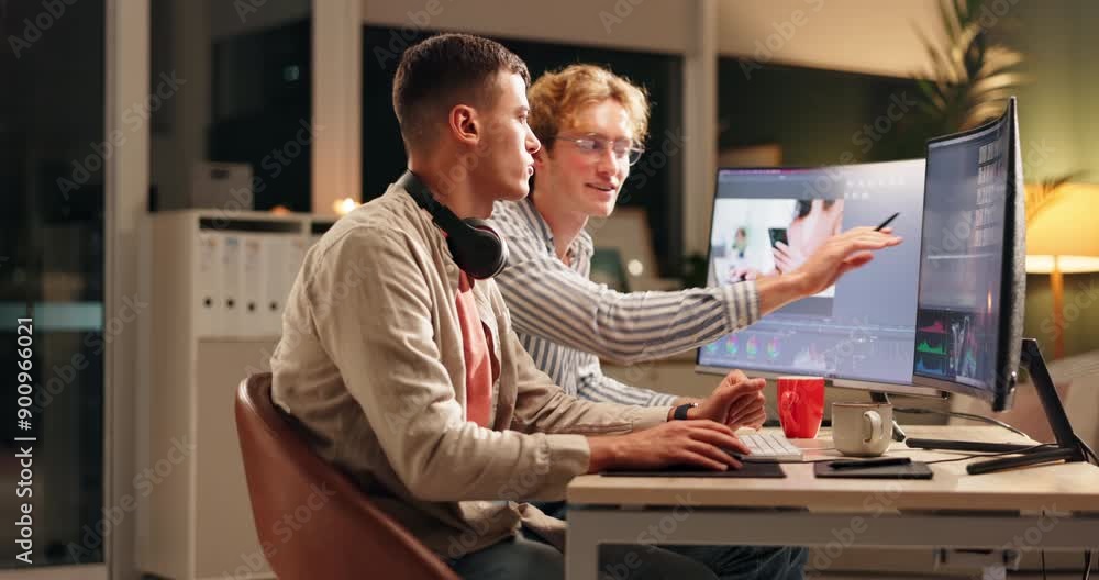 Poster graphic designer, teamwork and people on computer screen with ideas for font, layout and editing onl