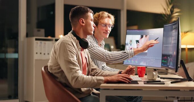 Graphic designer, teamwork and people on computer screen with ideas for font, layout and editing online. Young creative people at night talking, collaboration and brainstorming for business project