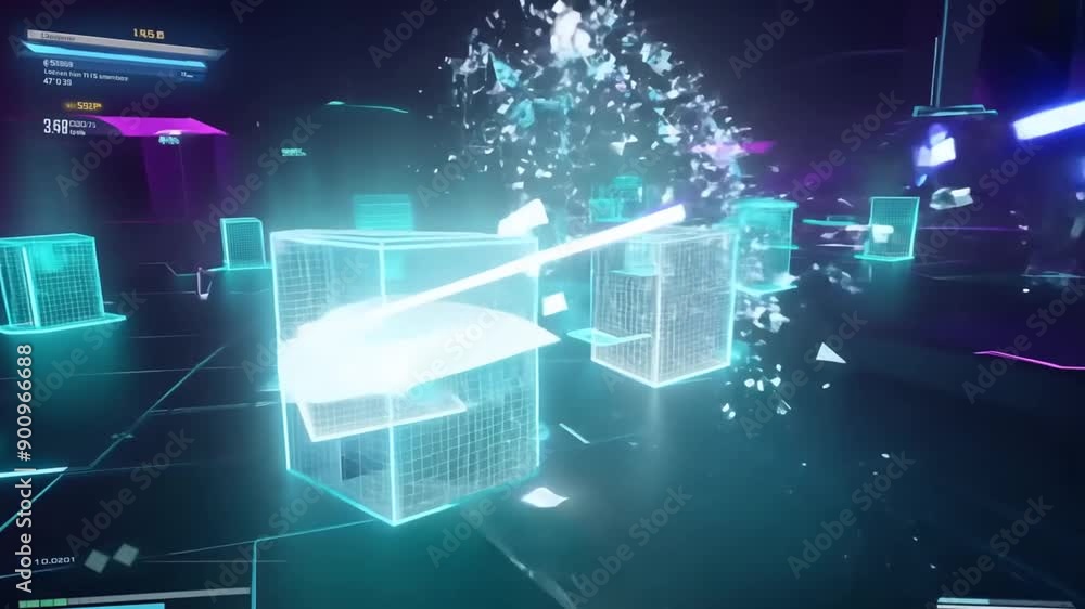 Poster futuristic animation player engaged in augmented reality cube battle generative ai