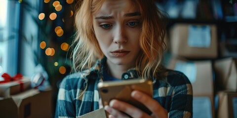 A person examining their mobile device beside a decorated Christmas tree
