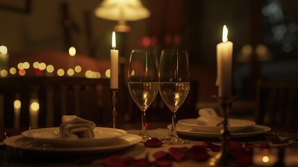 Fototapeta premium Two glasses of wine and plates of food on a table