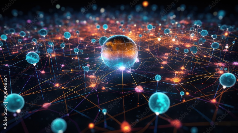 Poster a 3d depiction of a digital interface displaying a complex web of interconnected profiles, each repr