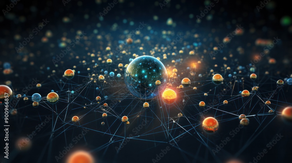 Poster a 3d depiction of a digital interface displaying a complex web of interconnected profiles, each repr