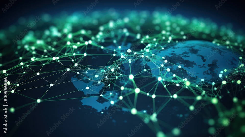 Poster a 3d depiction of a digital interface displaying a complex web of interconnected profiles, each repr
