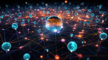 A 3D depiction of a digital interface displaying a complex web of interconnected profiles, each represented by interconnected spheres and lines, symbolizing a global online community.