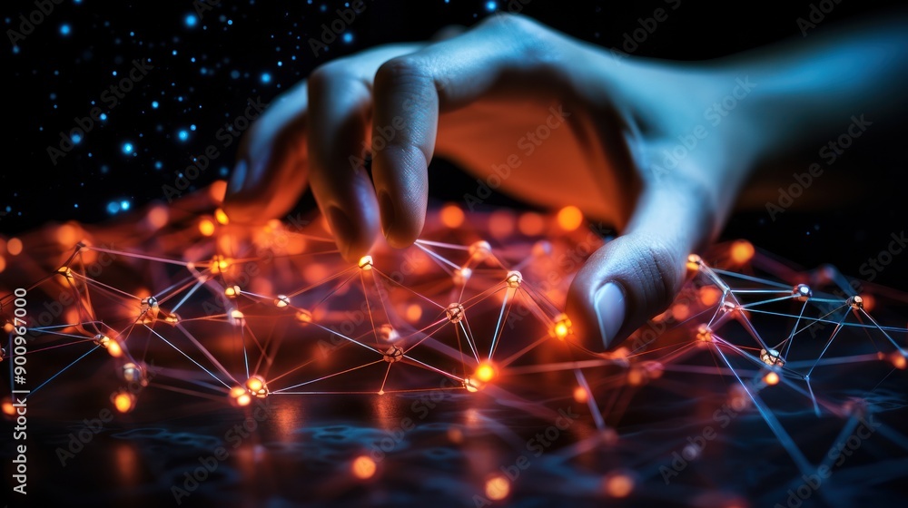 Poster a close-up of a hand supporting a 3d network model that displays interconnected data points and line