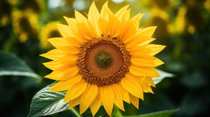 Obraz premium A close-up view of a single sunflower, showcasing its intricate details including the textured center and bright yellow petals, with a blurred green background.