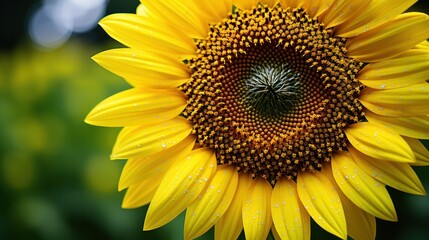 Obraz premium A close-up view of a single sunflower, showcasing its intricate details including the textured center and bright yellow petals, with a blurred green background.