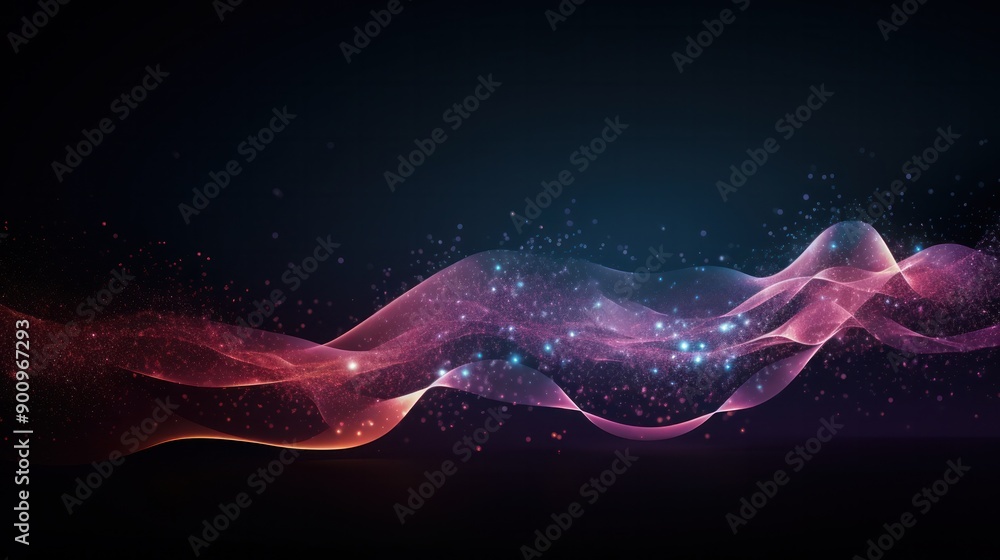Poster abstract futuristic background featuring a dynamic wave of interconnected dots and lines, creating a