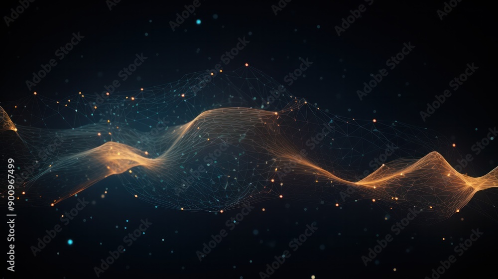 Poster abstract futuristic background featuring a wave of interconnected dots and lines, creating a network