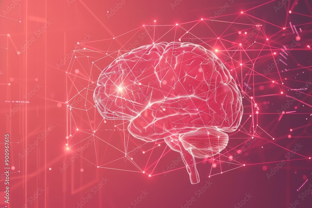 Poster digital rendering of a red brain with neural connections symbolizing cognitive processes and technol